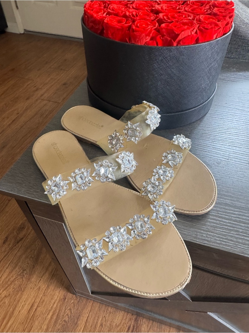 Shoe Dazzle Beige Slide Sandals with Crystal Floral Accents